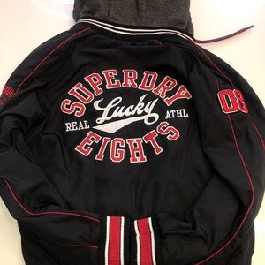 Superdry Hooded Black and Red Bomber Jacket. Buttons and zips. Size S
